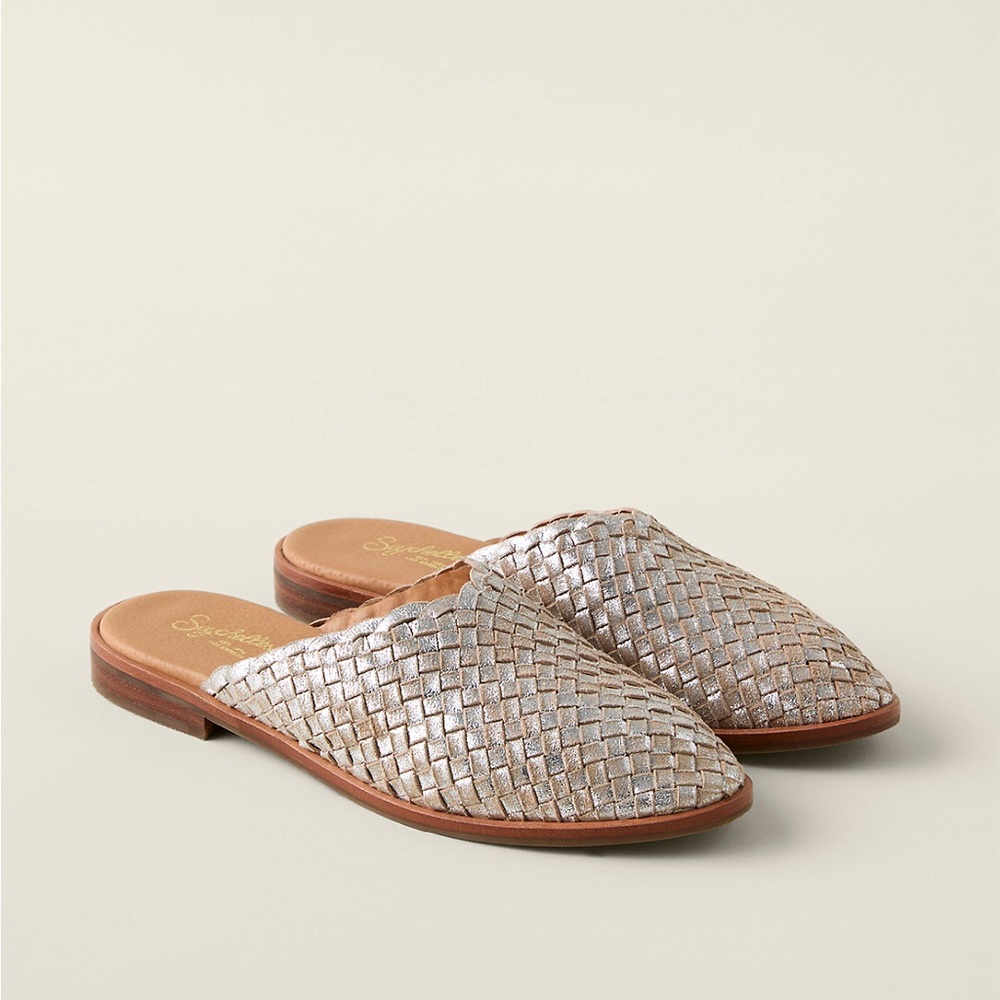 Seychelles Places-to-Go Slides Woven Metallic Pewter 8 NEW
